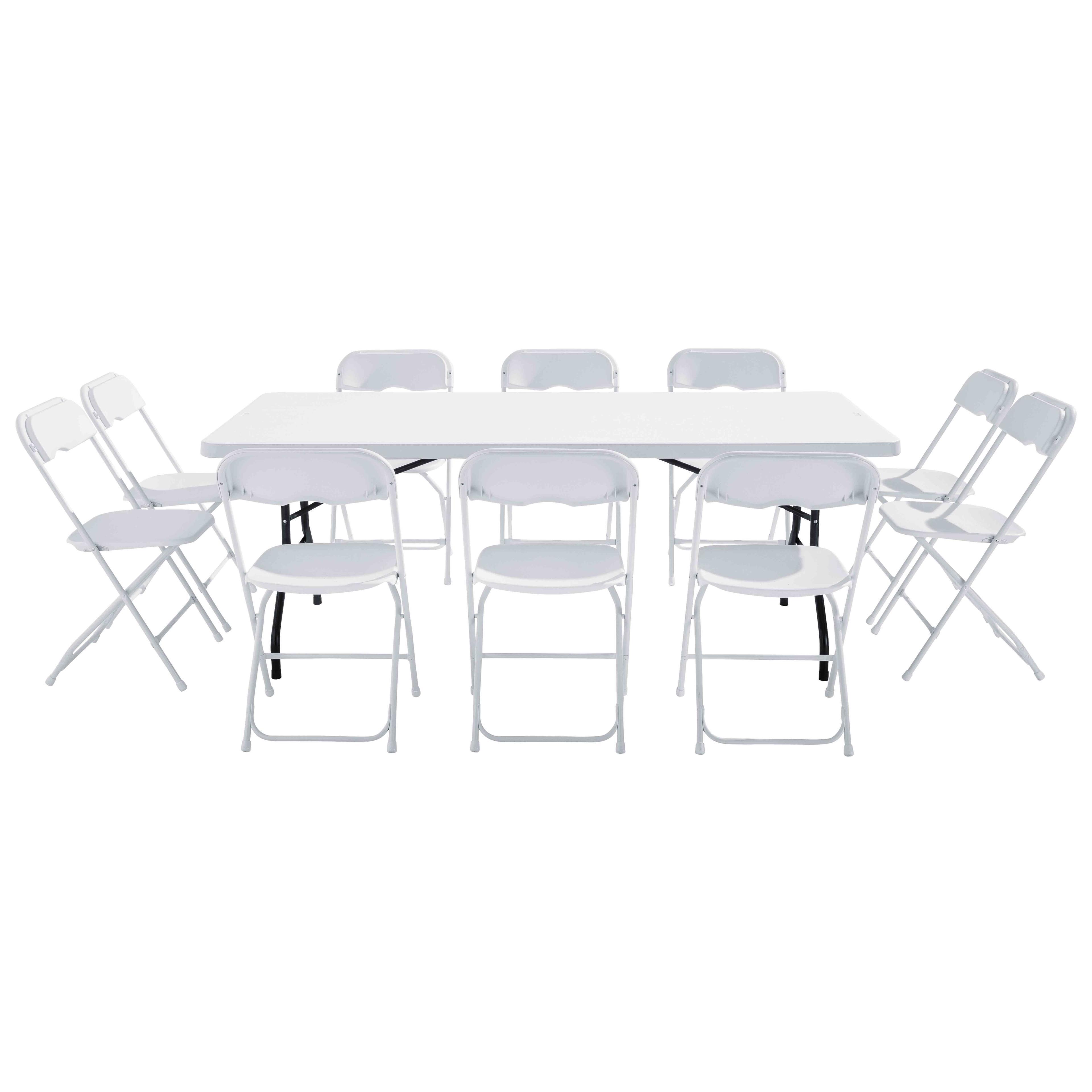 Table de 244 cm avec 10 chaises pliantes en PEHD blanc