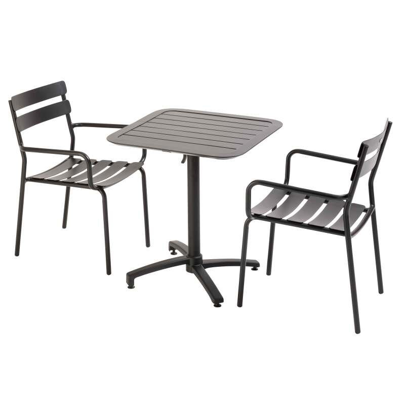 Table de terrasse 70x70 cm inclinable en aluminium et 2 chaises avec accoudoirs