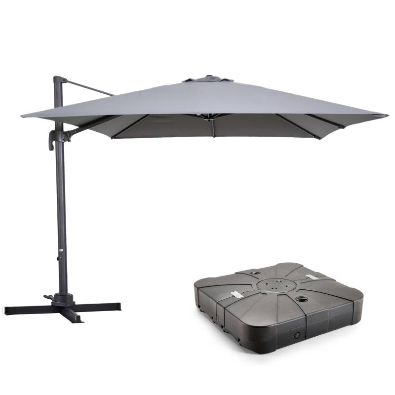 Ensemble parasol déporté carré 250g/m² professionnel (3 x 3M) rotatif 360° et Dalle à lester sur roues 100 L