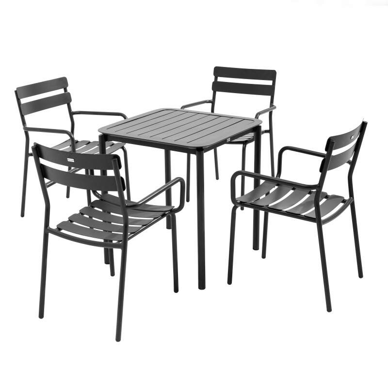 Table de terrasse carrée 70 x 70 cm et 4 chaises avec accoudoirs en aluminium