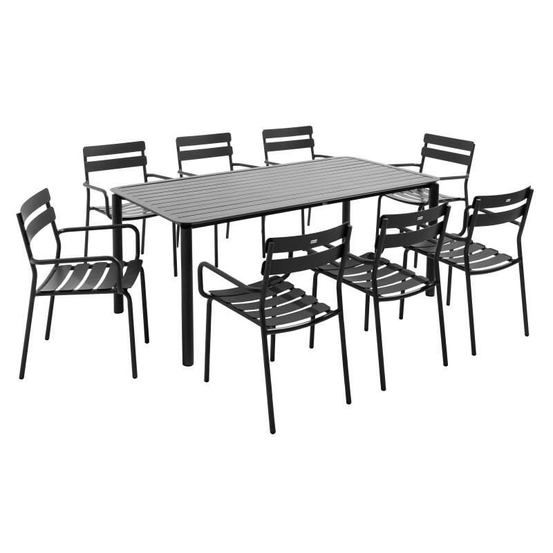 Table de terrasse rectangulaire 185 x 92 cm et 8 chaises en aluminium avec accoudoirs