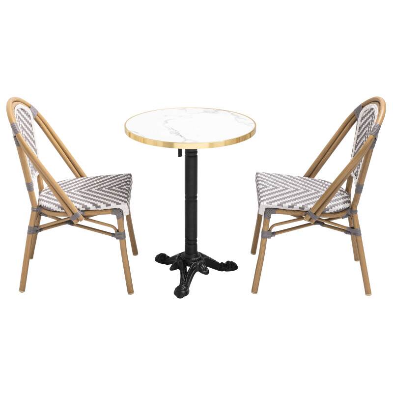 Table de terrasse ⌀60 cm inclinable stratifiée et 2 chaises style bistrot en aluminium 