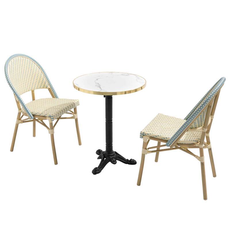 Table de terrasse ⌀60 cm inclinable stratifiée et 2 chaises style bistrot en aluminium et rotin synthétique